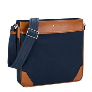 MONTBLANC Navy Blue Canvas & Brown Leather Sartorial Jet Reporter Crossbody Bag